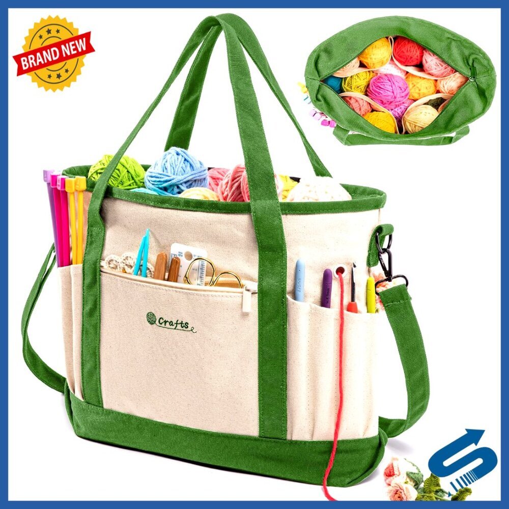 Canvas Yarn Storage Organizer Tote with Pockets for Crochet Knitting Craft